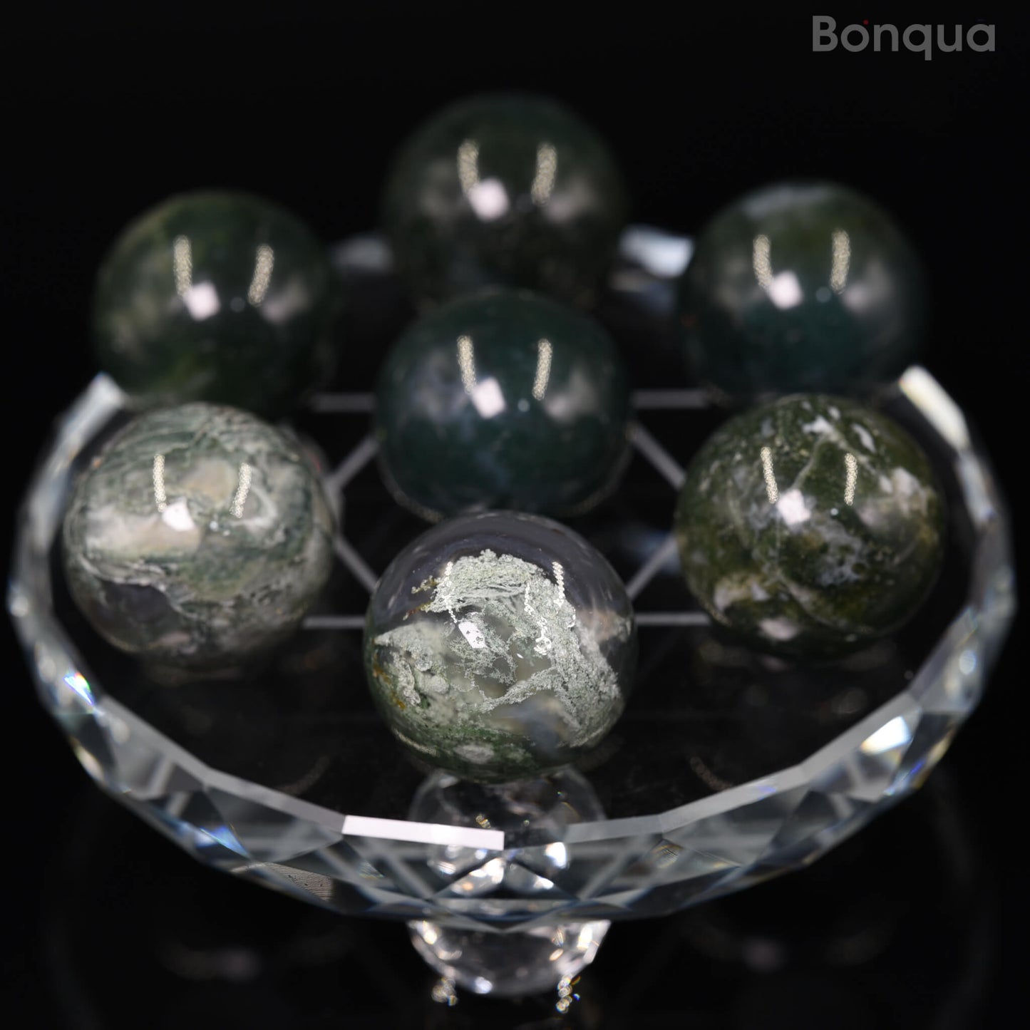 7 pc 20 MM Agate Mousse Petite Sphere Avec Socle 7 Chakra