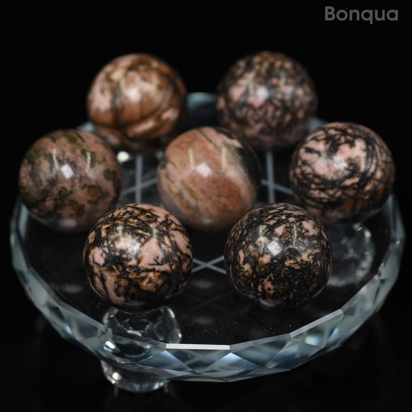 7 pc 20 MM Rhodonite Petite Sphere Avec Socle 7 Chakra