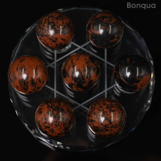 7 pc 20 MM Obsidienne Acajou Petite Sphere Avec Socle 7 Chakra