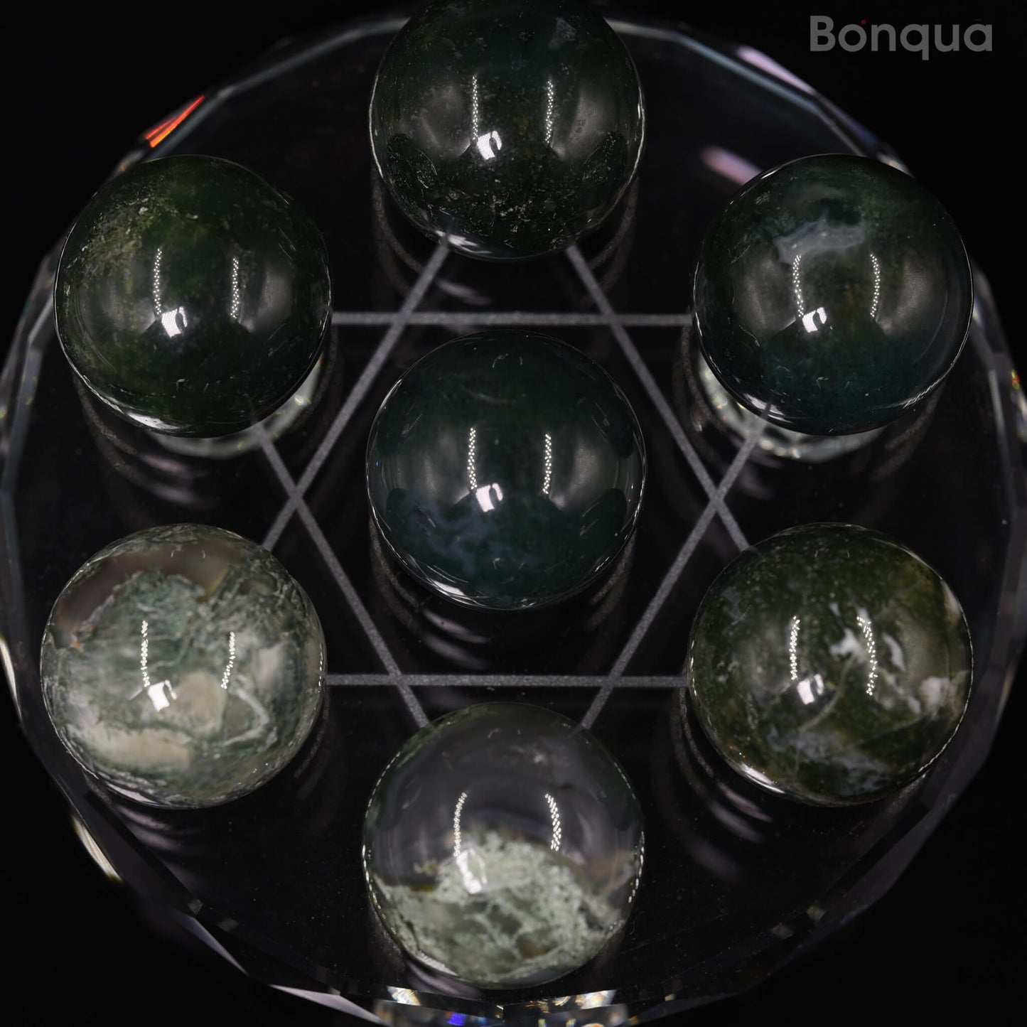 7 pc 20 MM Agate Mousse  Petite Sphere Avec Socle 7 Chakra