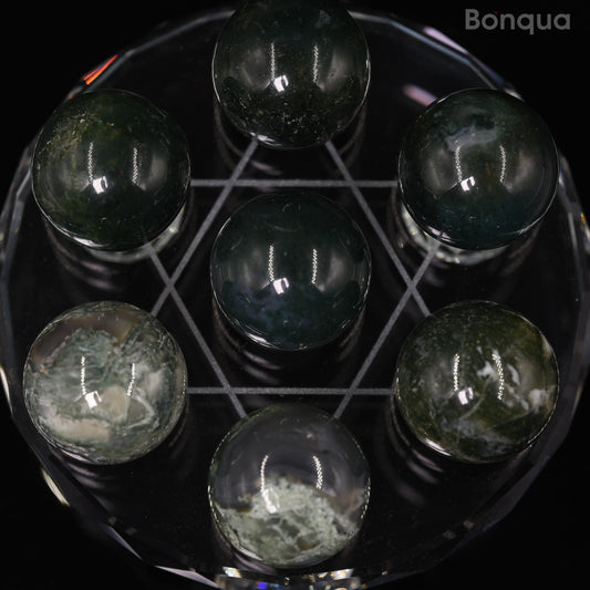 7 pc 20 MM Agate Mousse  Petite Sphere Avec Socle 7 Chakra
