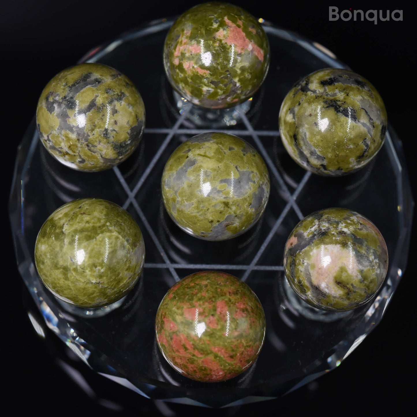7 pc 20 MM Unakite Petite Sphere Avec Socle 7 Chakra