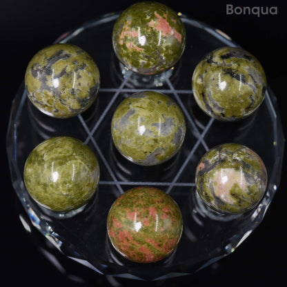 7 pc 20 MM Unakite Petite Sphere Avec Socle 7 Chakra