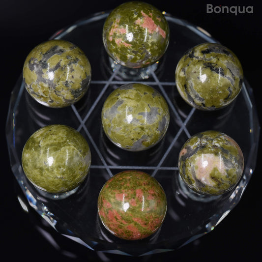 7 pc 20 MM Unakite Petite Sphere Avec Socle 7 Chakra