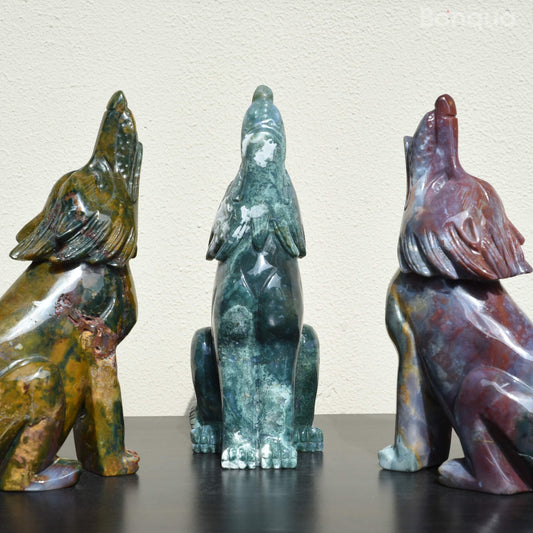Sculpture Loup en Jaspe Océan