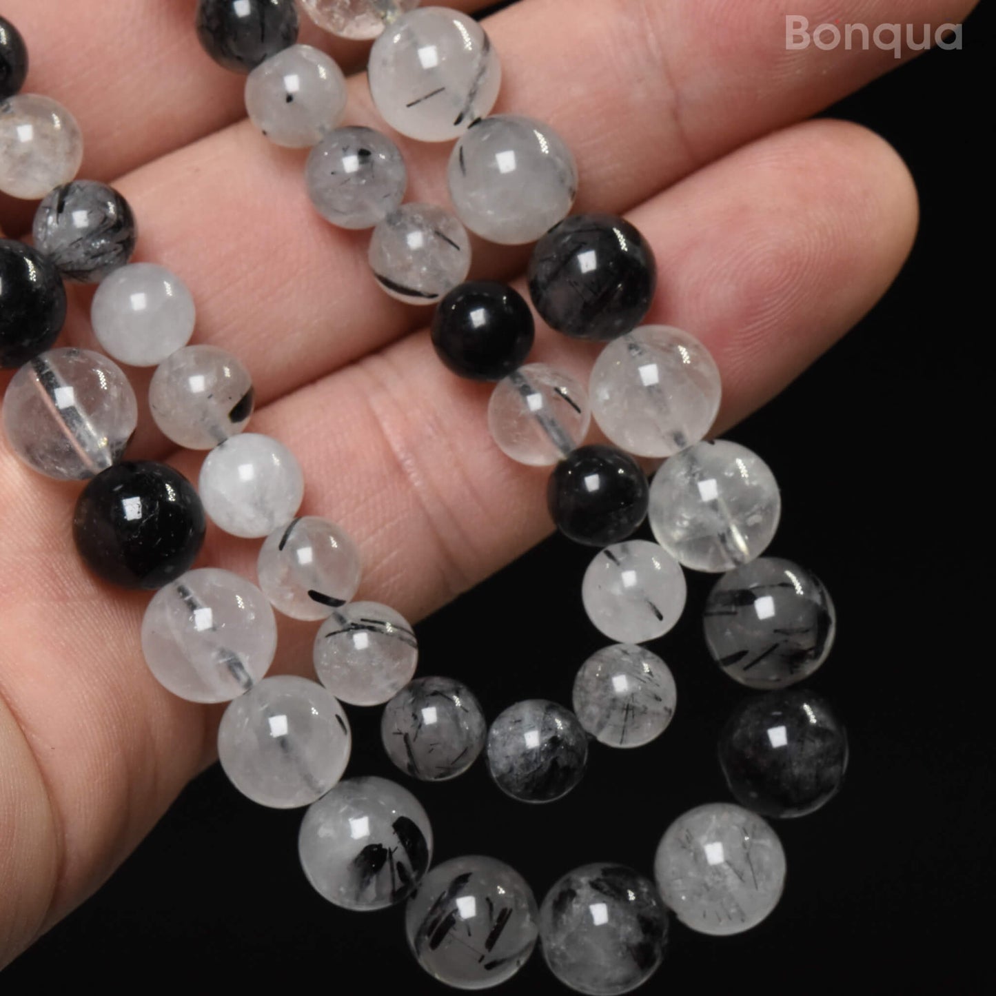Perles Quartz tourmaline AA- Ronde