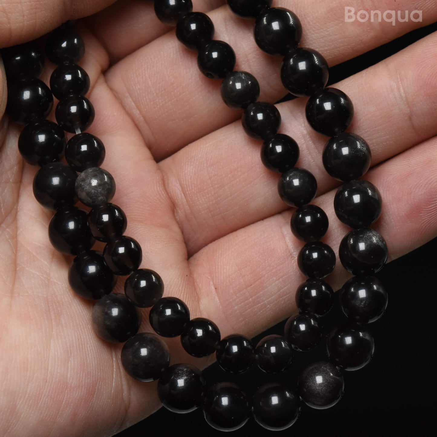 Perles Obsidienne Argent AA- Rond